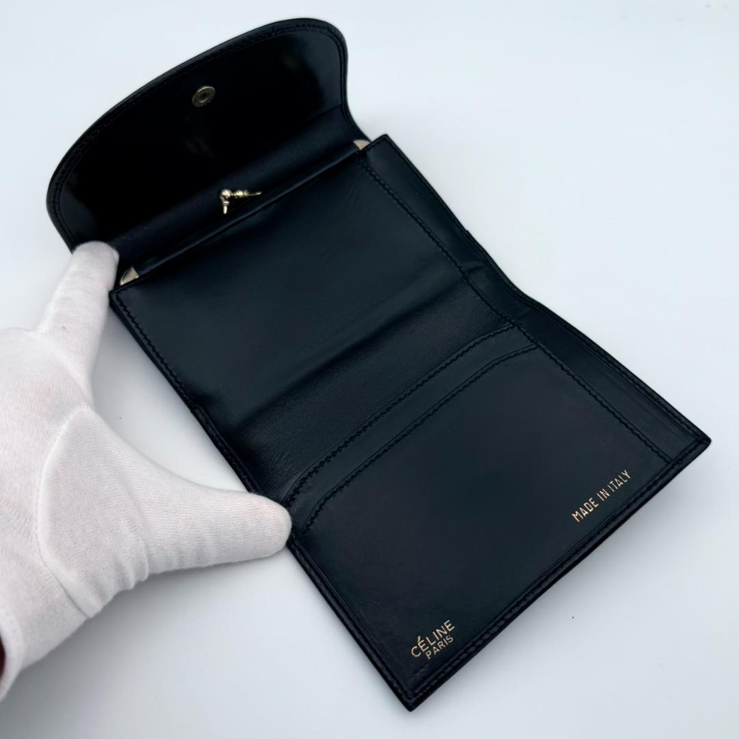 CELINE セリーヌ 馬車金具 がま口 三つ折り財布 ブラック レザー