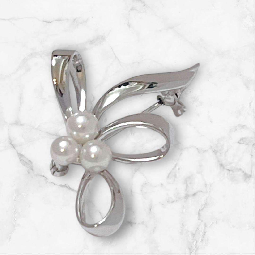 【未使用】MIKIMOTO パールブローチ リボン あこや真珠 刻印あり