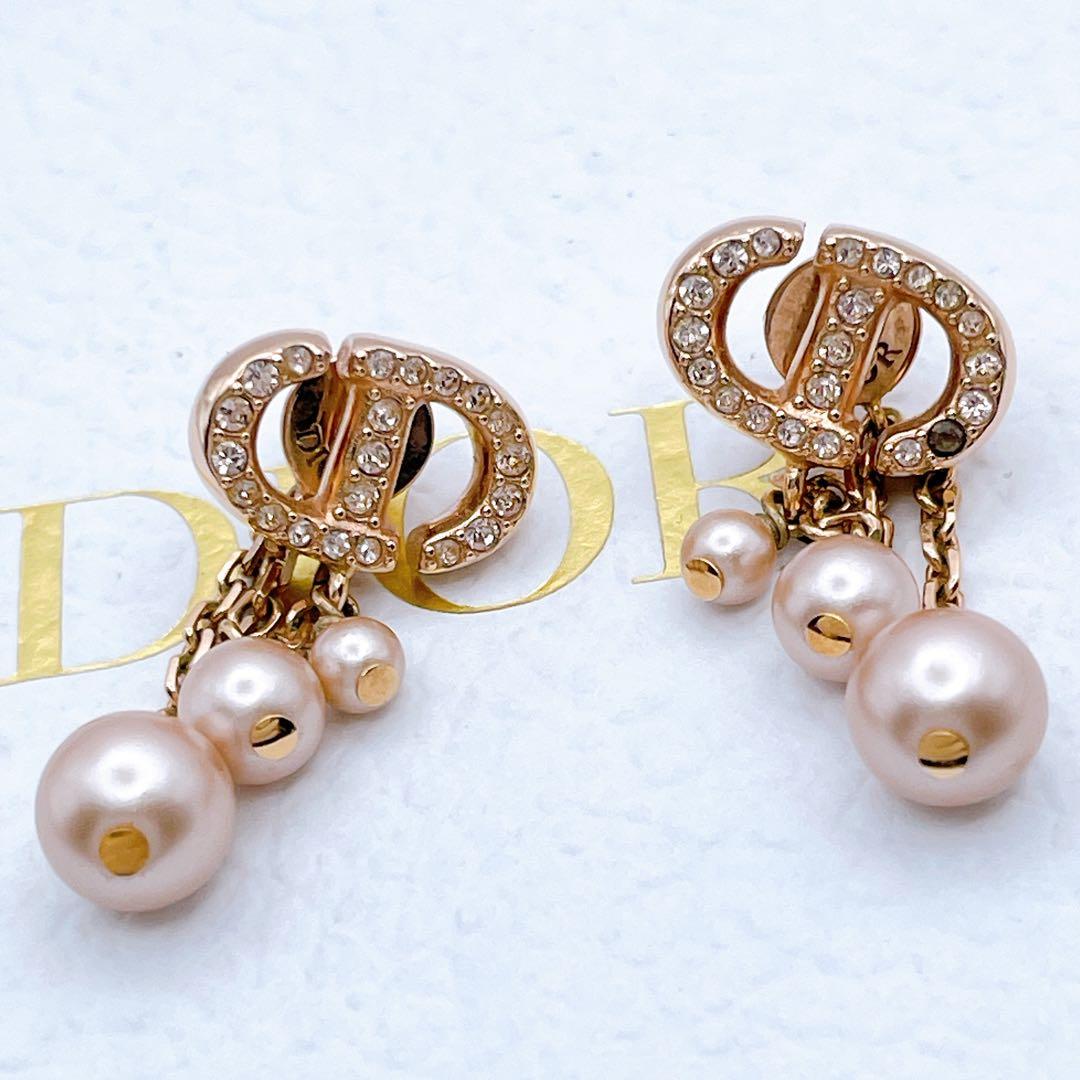 Christian Dior ピアス　ネイビー　パール　トリプル　ピンクゴールド