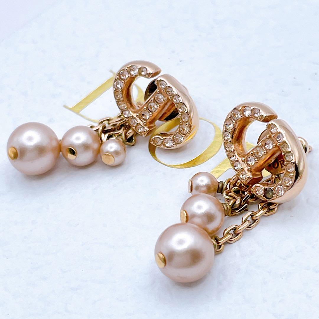 Christian Dior ピアス　ネイビー　パール　トリプル　ピンクゴールド