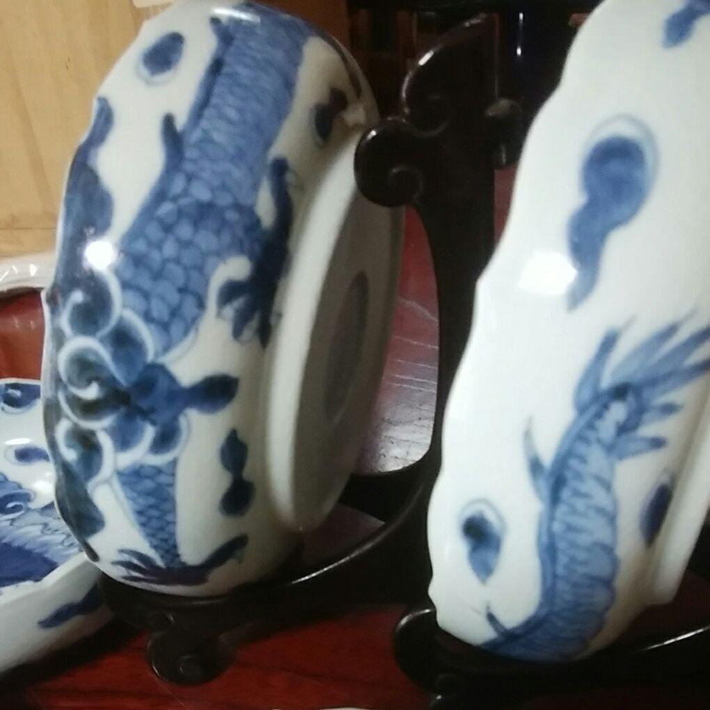 120  古伊万里　染付　龍文様　稜花形　膾皿　5客