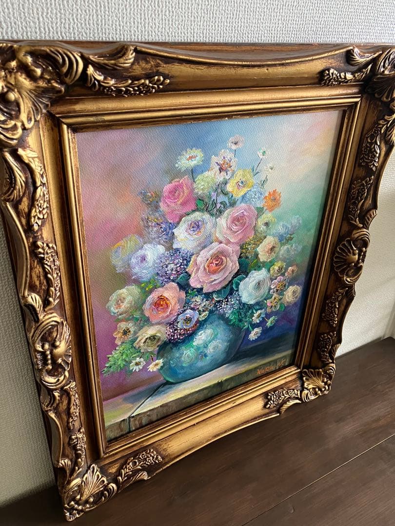 HaRu 薔薇 花 花瓶 1点物 真作 原画 絵画 油絵 ♪ アンティーク 額縁