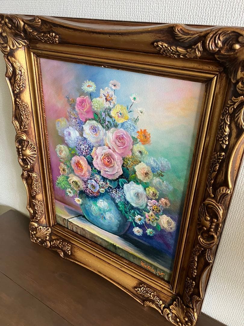 HaRu 薔薇 花 花瓶 1点物 真作 原画 絵画 油絵 ♪ アンティーク 額縁