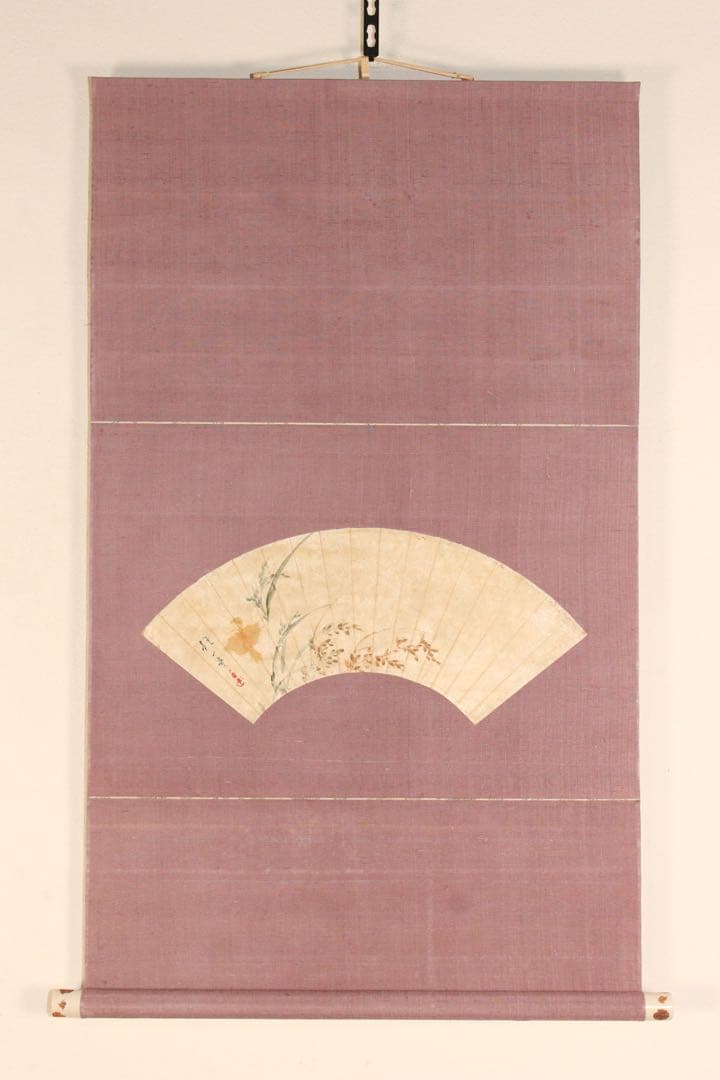 No5265 掛軸　酒井抱一　稲穂図　扇面　紙本着色　陶器軸先　合箱　送料無料