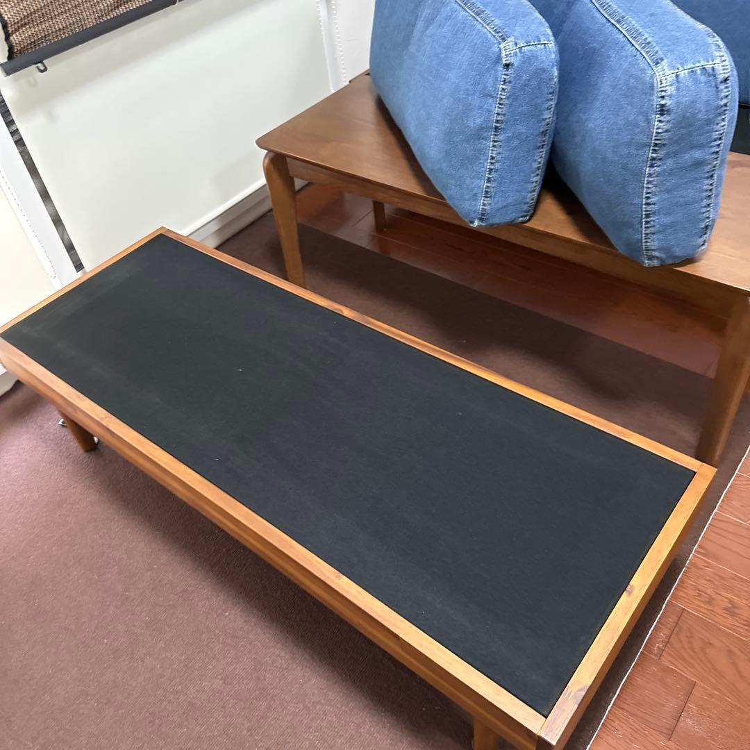 アカシア木材家具　２人掛けソファ（2点机入りません）デニム生地　直接受け渡し希望