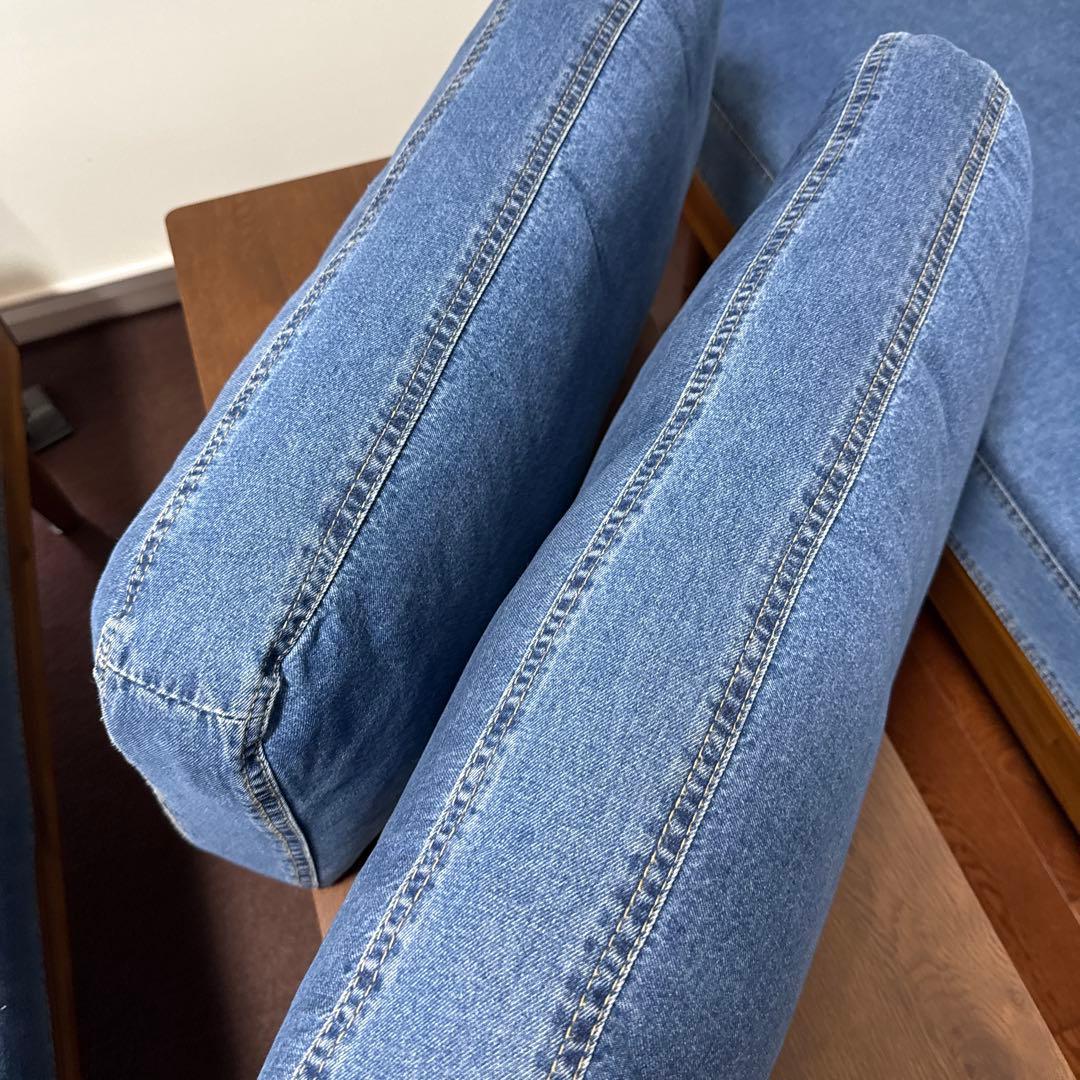 アカシア木材家具　２人掛けソファ（2点机入りません）デニム生地　直接受け渡し希望