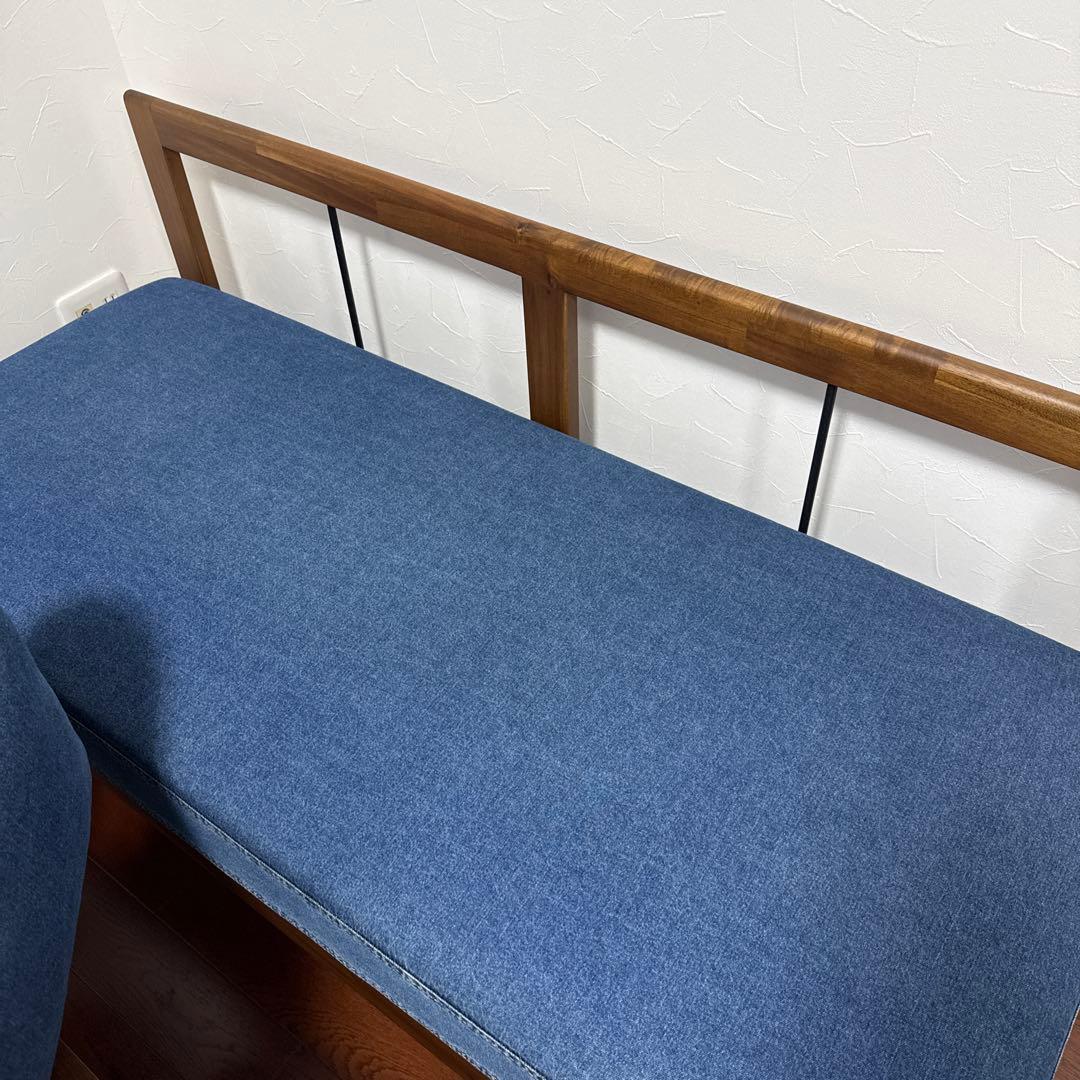 アカシア木材家具　２人掛けソファ（2点机入りません）デニム生地　直接受け渡し希望