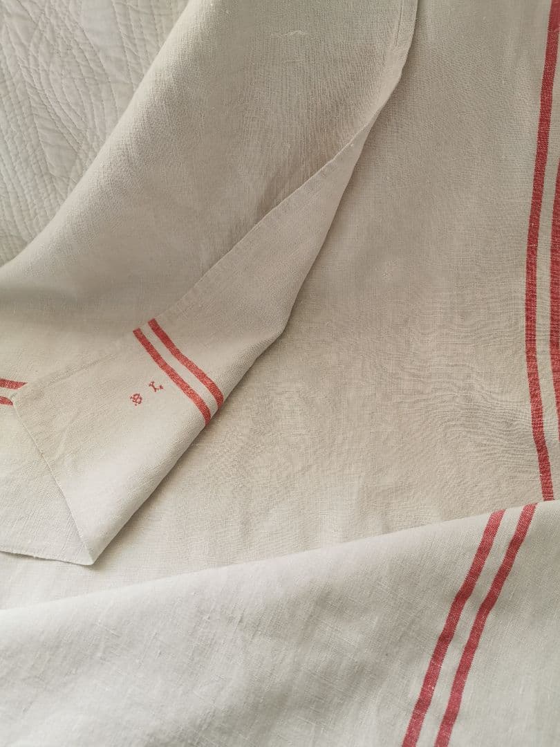 アンティークフランス ダブルライン ホームスパンリネン大判クロス イニシャル刺繍