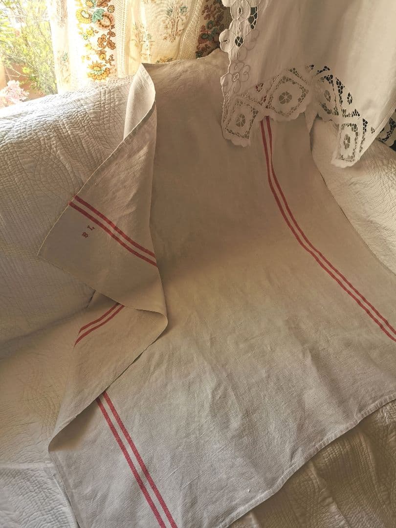 アンティークフランス ダブルライン ホームスパンリネン大判クロス イニシャル刺繍