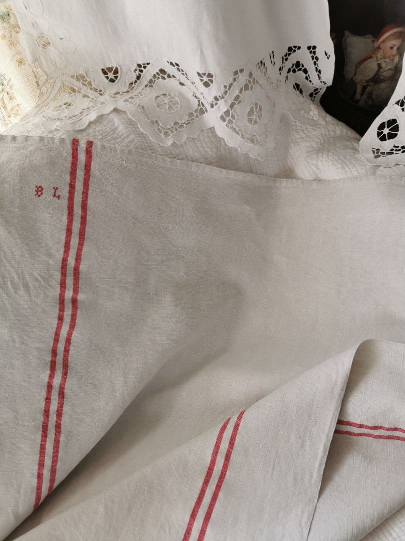 アンティークフランス ダブルライン ホームスパンリネン大判クロス イニシャル刺繍