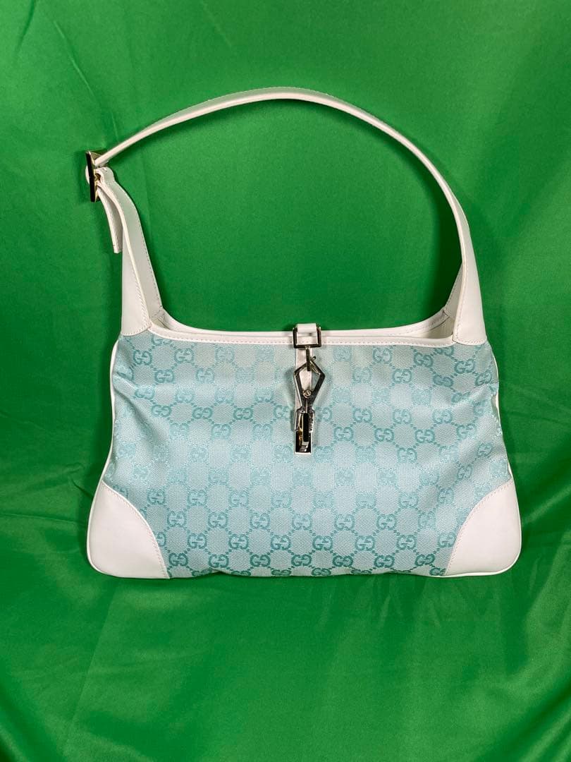 GUCCI　ジャッキー　GG　水色　キャンバス　レザー　ワンショルダー