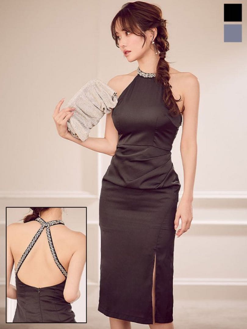 新品未使用　JEWELS ビジューホルターネックタイトスリットミディアムドレス