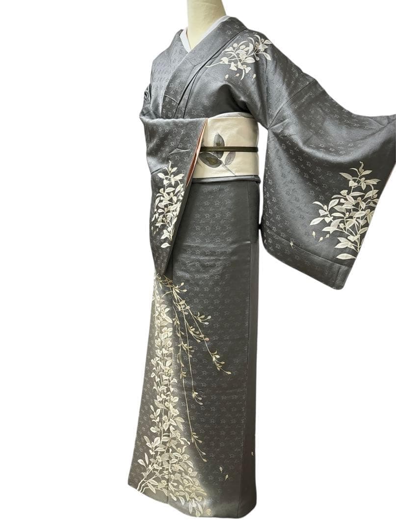 A151愛華 訪問着　錆鼠色　花地紋　染め花　正絹　フォーマル　身丈164cm