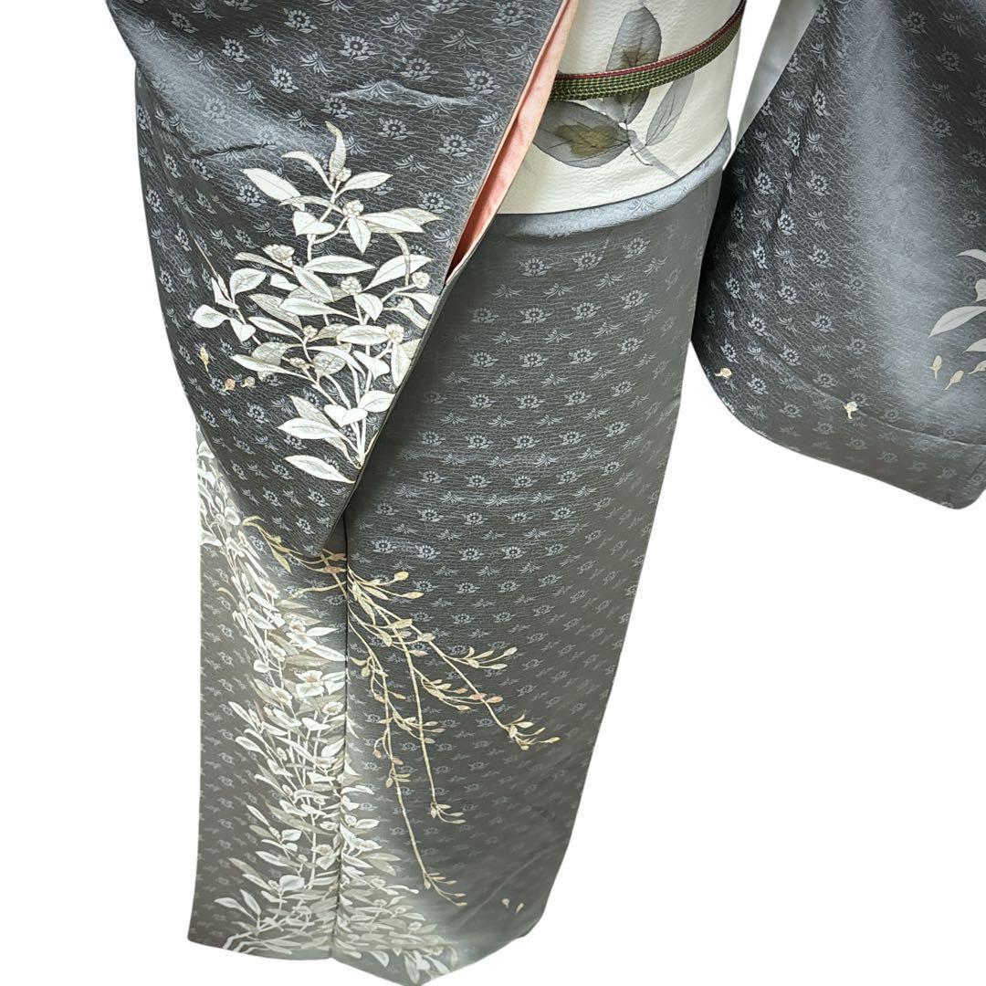 A151愛華 訪問着　錆鼠色　花地紋　染め花　正絹　フォーマル　身丈164cm