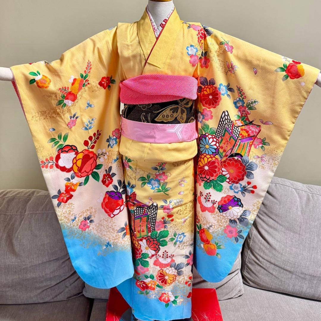 七五三着物帯セット　7歳　黄色　黒系帯