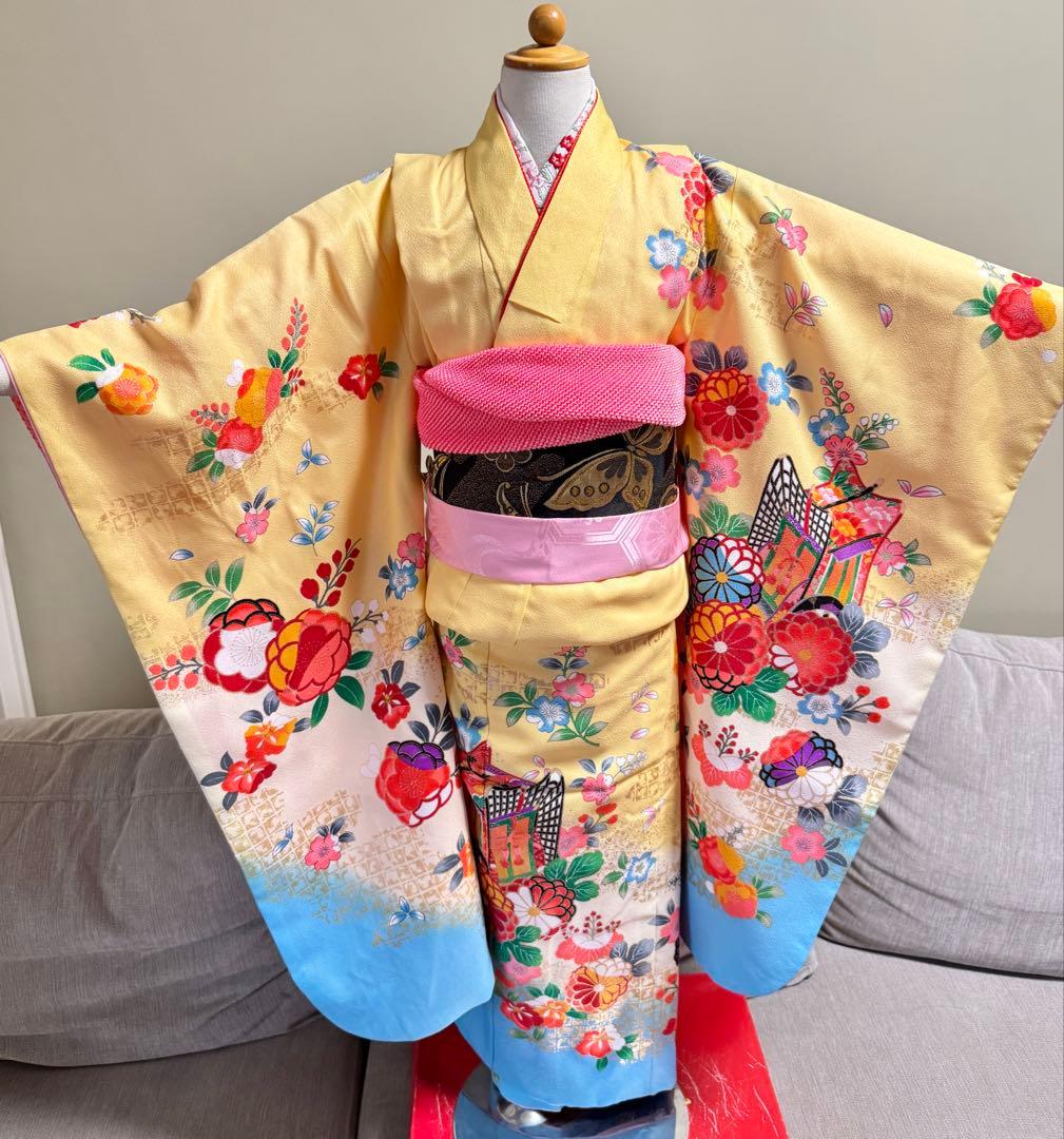 七五三着物帯セット　7歳　黄色　黒系帯