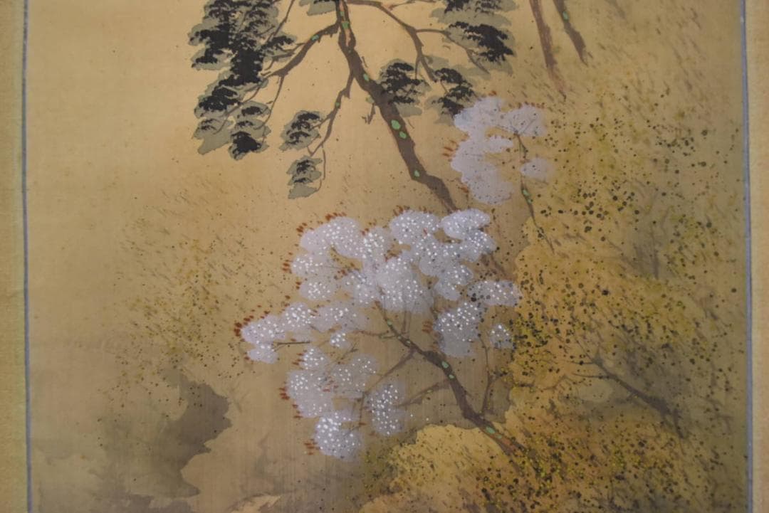 【真作】敬山/春景嵐峽/山水図/保津川下り図/4-1/掛軸/名家伝来AA-847