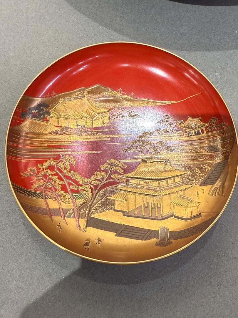 漆器 重箱 一組 金蒔絵 楼阁人物風景文 共箱付 朱塗 時代物