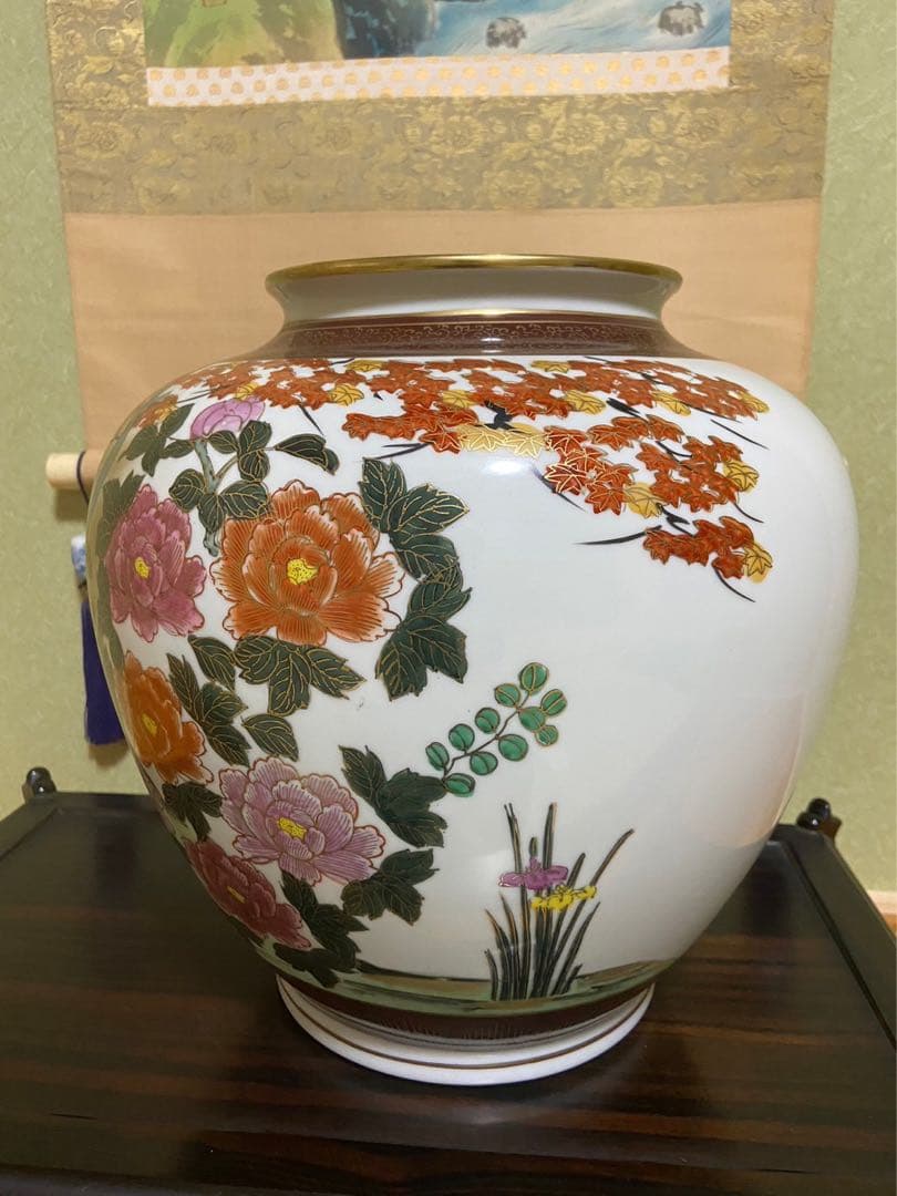 【九谷焼 13号花瓶 孔雀 牡丹 陶明作】アンティーク 新品 花器 壺 床の間