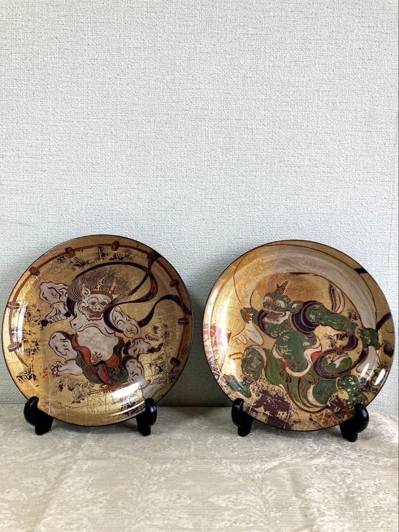 伝統工芸品　風神雷神　金欄手織物飾り皿