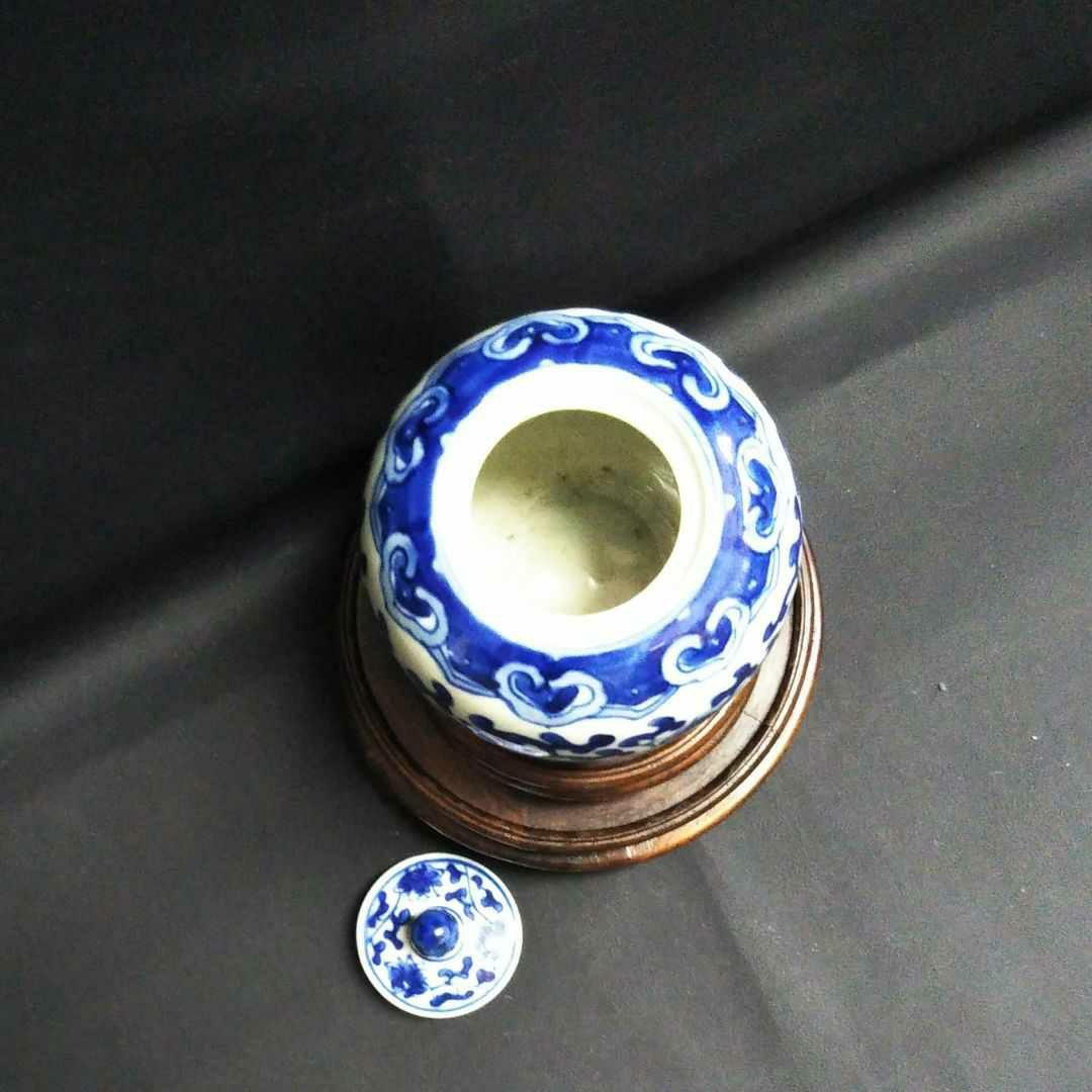 ※中国古美術/青花纏枝蓮弁紋蓋付文壺/(底款:大清康熈年製)