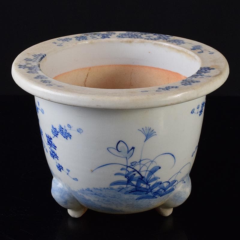 瀬戸焼　古瀬戸　花草文　三つ足植木鉢　蘭鉢　V　R8265