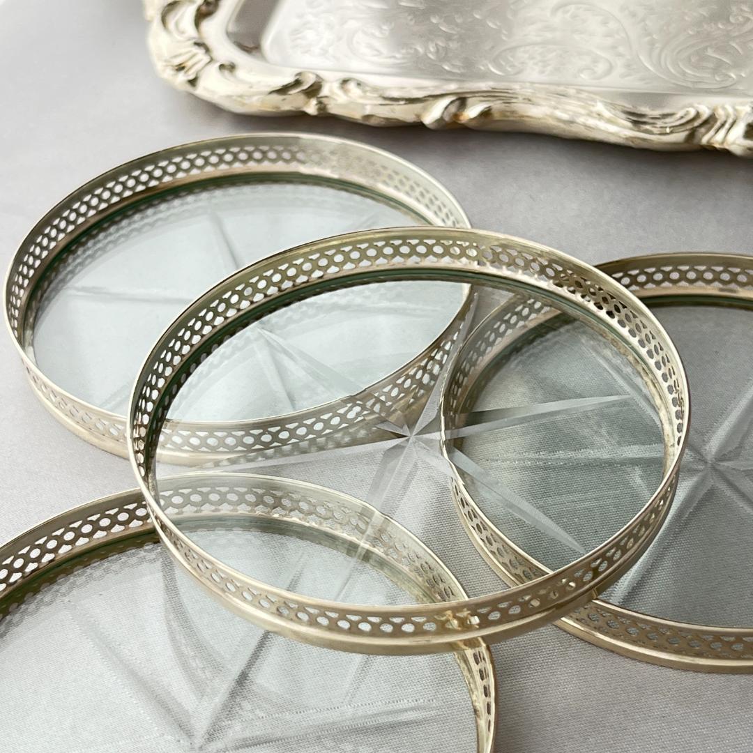 【Webster】【純銀 / ガラス】ワイングラスコースター 4枚 スターリング