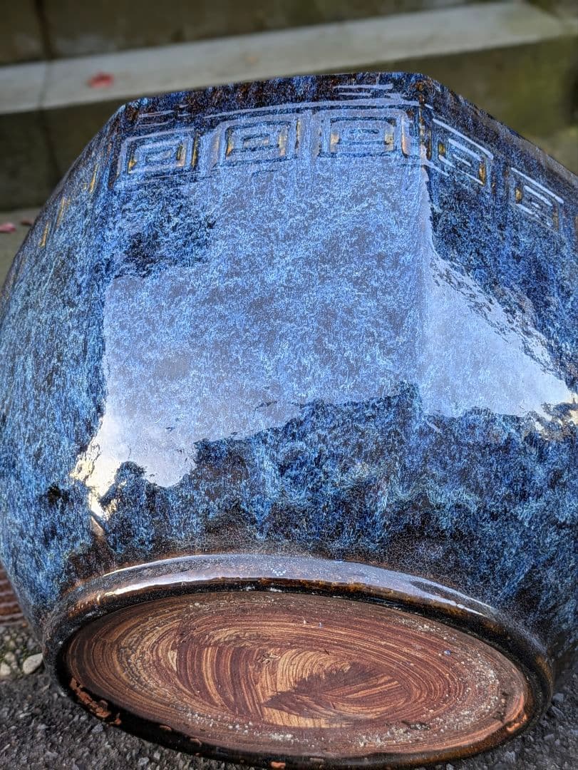 火鉢　青色八角形火鉢 陶器製　特大火鉢　大型火鉢昭和レトロアンテーク睡蓮鉢　水草