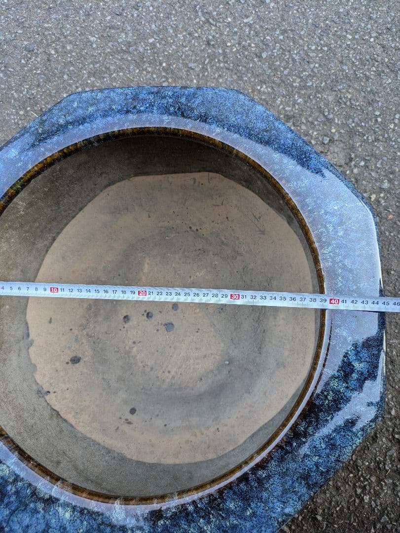 火鉢　青色八角形火鉢 陶器製　特大火鉢　大型火鉢昭和レトロアンテーク睡蓮鉢　水草