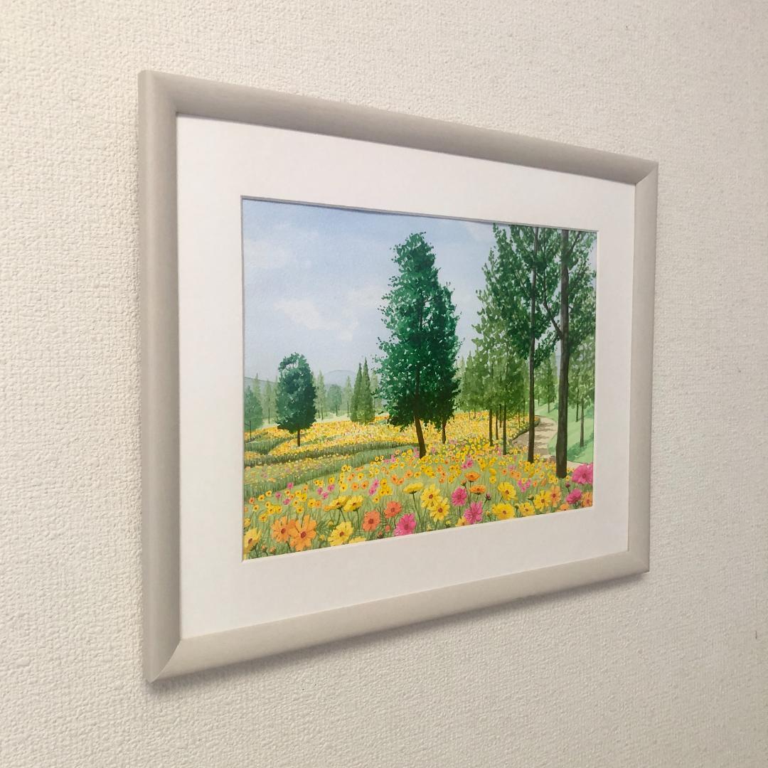 透明水彩画　原画　「キバナコスモスのフィールド02」額縁付　F4サイズ