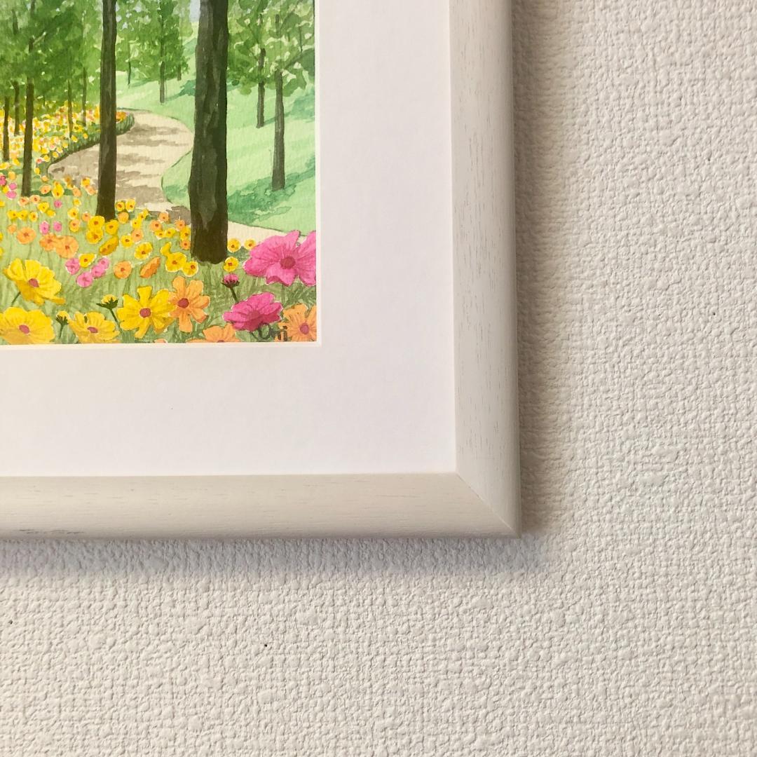 透明水彩画　原画　「キバナコスモスのフィールド02」額縁付　F4サイズ