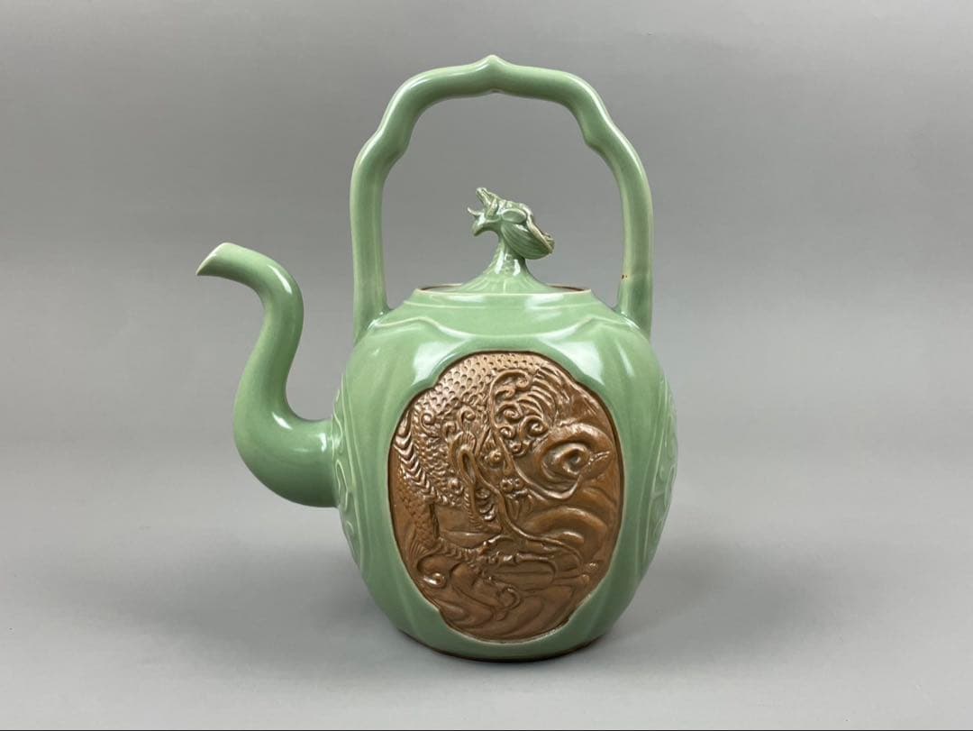 青磁 雲龍文 提梁式 平安 艶彩造 水注 京焼 茶道具 茶器 和食器 共箱 共布