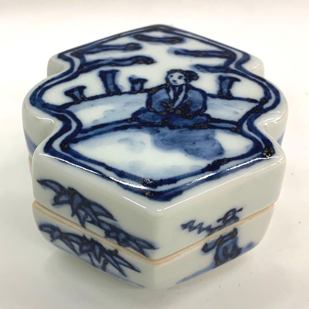 【香合　染付　松皮菱】平安桃山窯