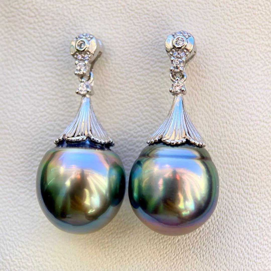 本真珠南洋黒蝶真珠グリーン虹色13.5×11.5㍉ピアスBL913