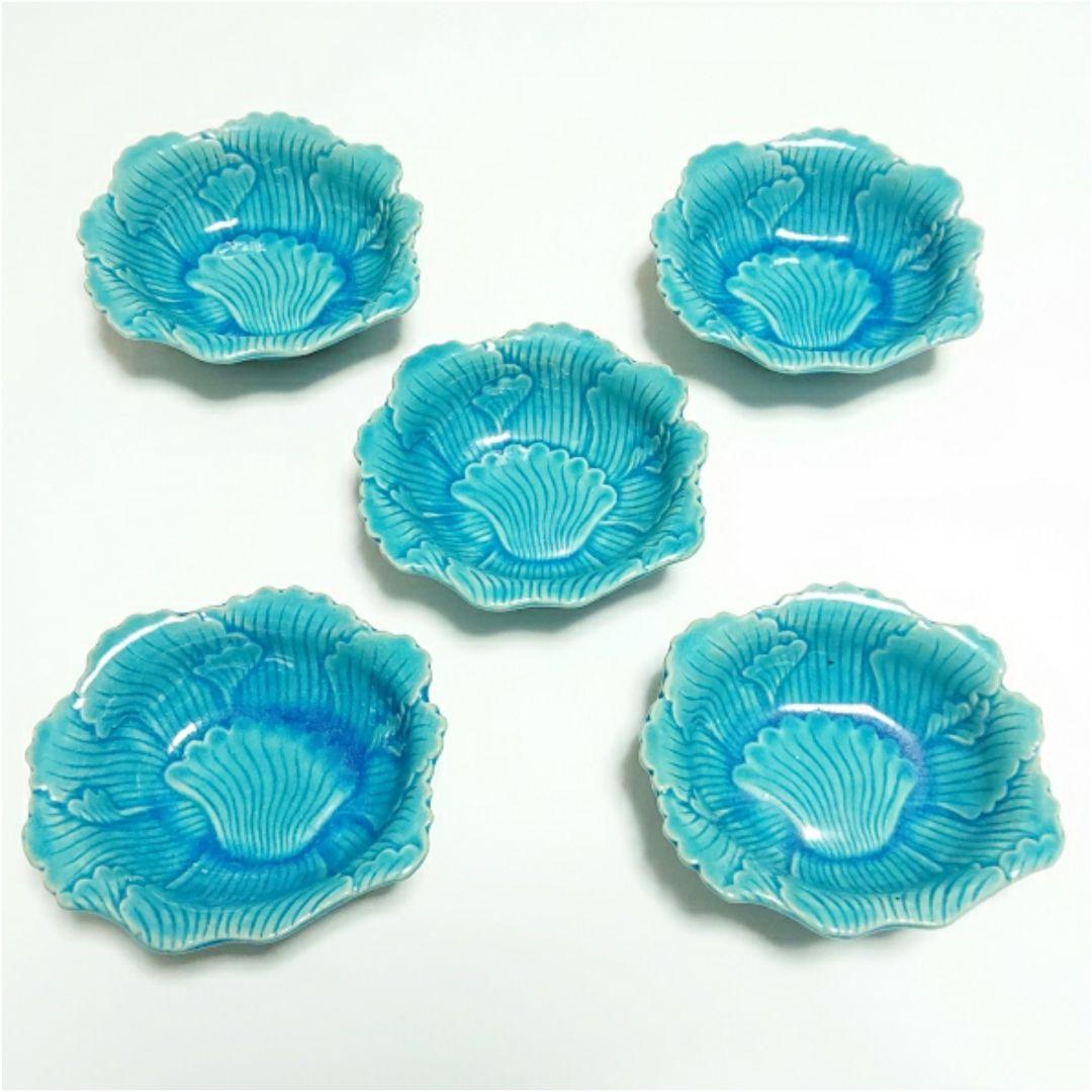 南紀瑞芝製 交趾写し 牡丹形向付皿 時代物 交趾釉 芙蓉手