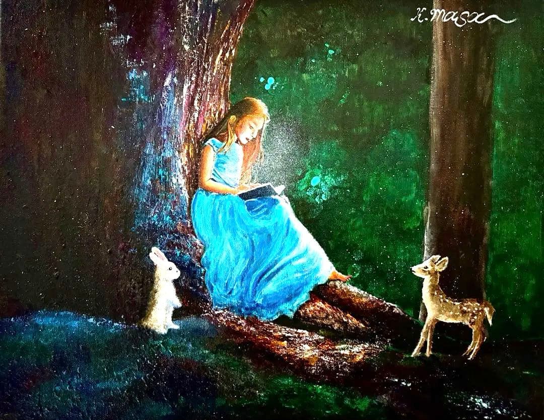 原画 F6号 アクリル画「魔法の本」K.masa癒やしの森青いドレスの少女と動物