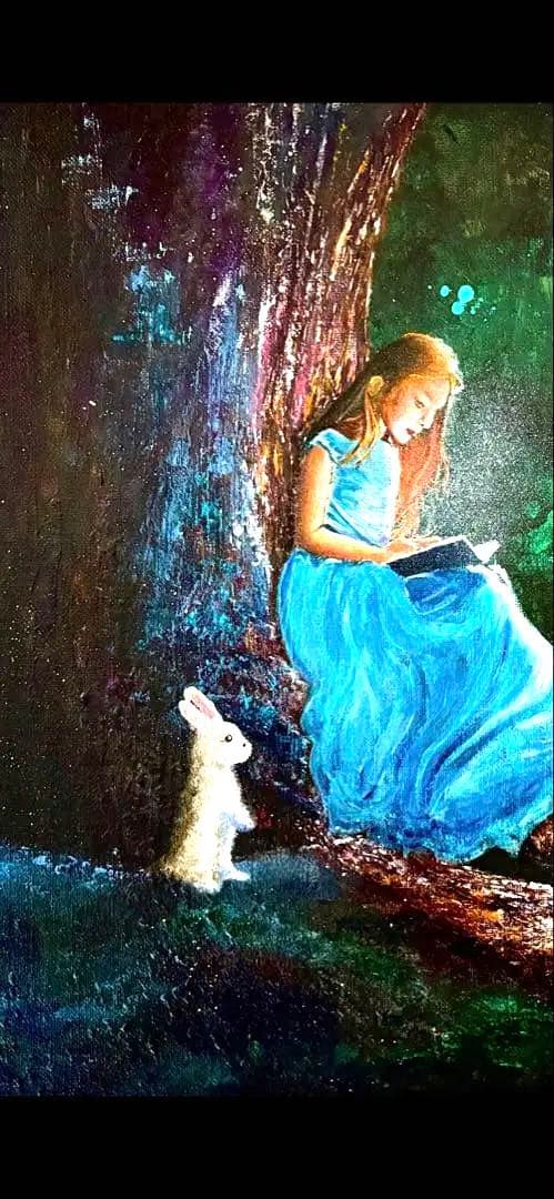 原画 F6号 アクリル画「魔法の本」K.masa癒やしの森青いドレスの少女と動物