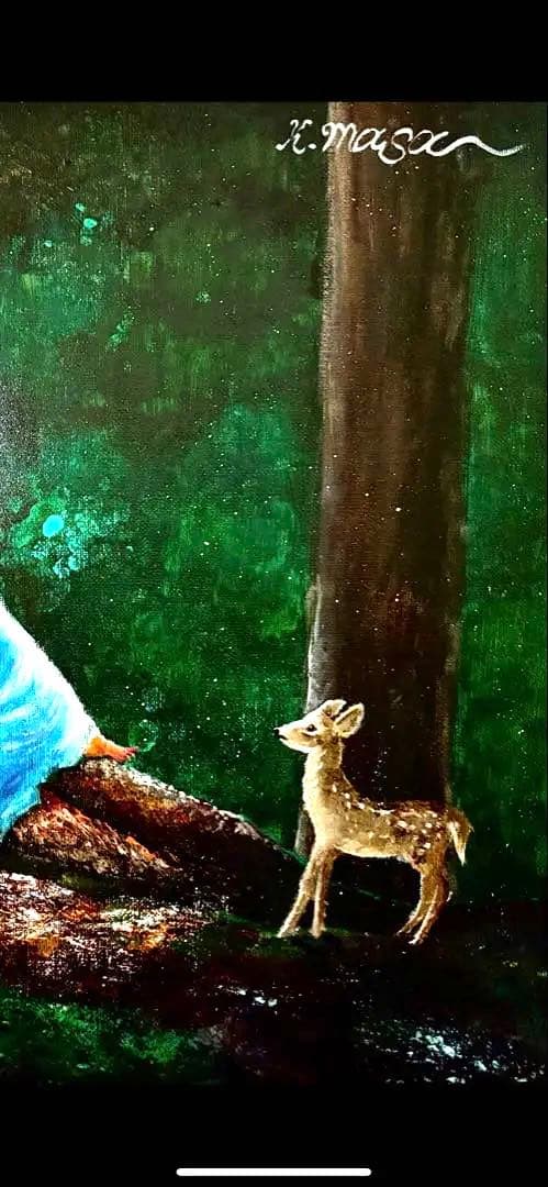 原画 F6号 アクリル画「魔法の本」K.masa癒やしの森青いドレスの少女と動物