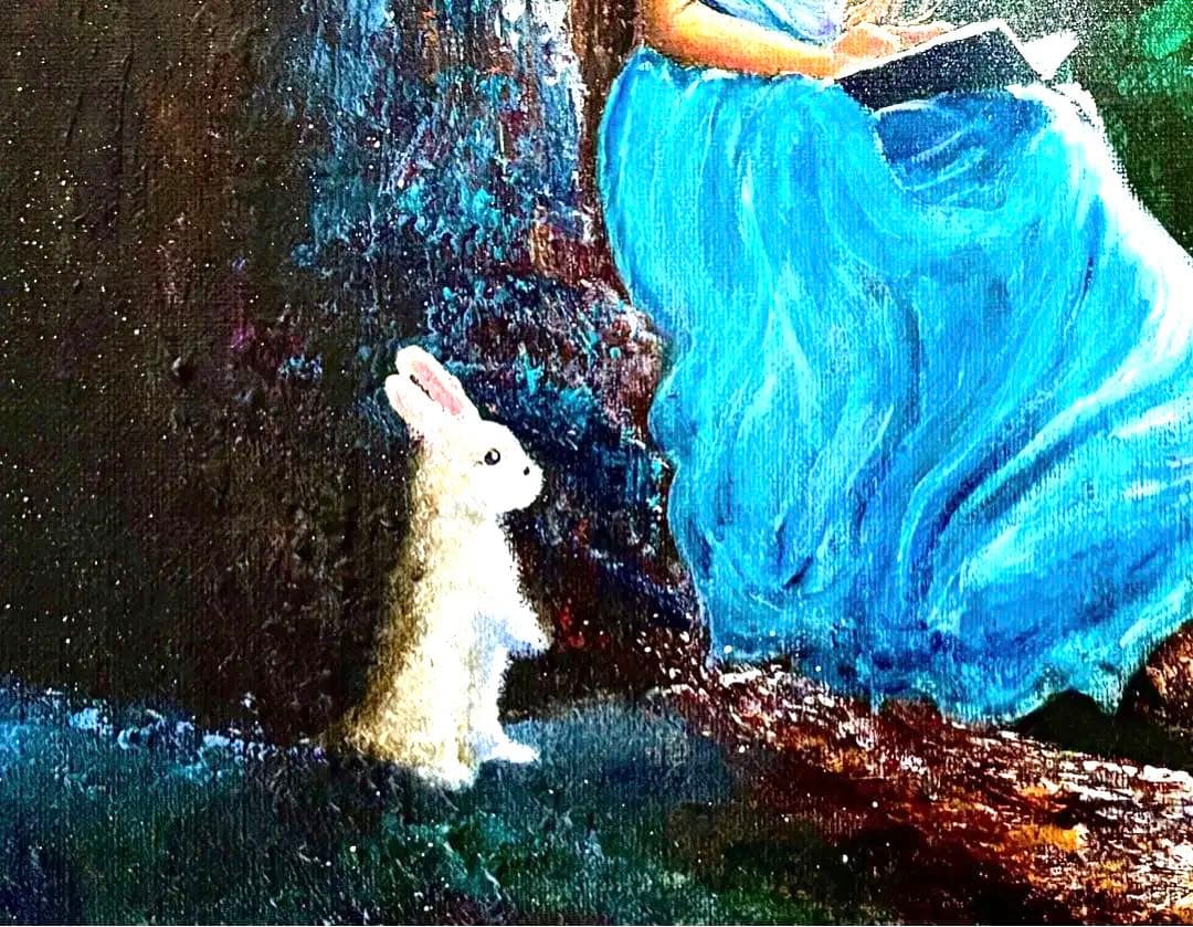 原画 F6号 アクリル画「魔法の本」K.masa癒やしの森青いドレスの少女と動物