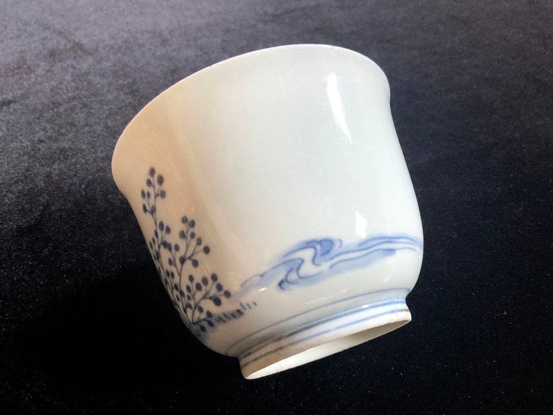 江戸期　古伊万里　染付　秋草萩に蝶文　薄手汲出碗　4個セット　湯呑