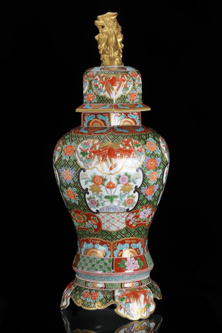 有田焼 耕右衛門 染錦窓絵鳳凰花尽之図 獅子摘蓋特大三段壺 沈香壺 飾壷 86㎝