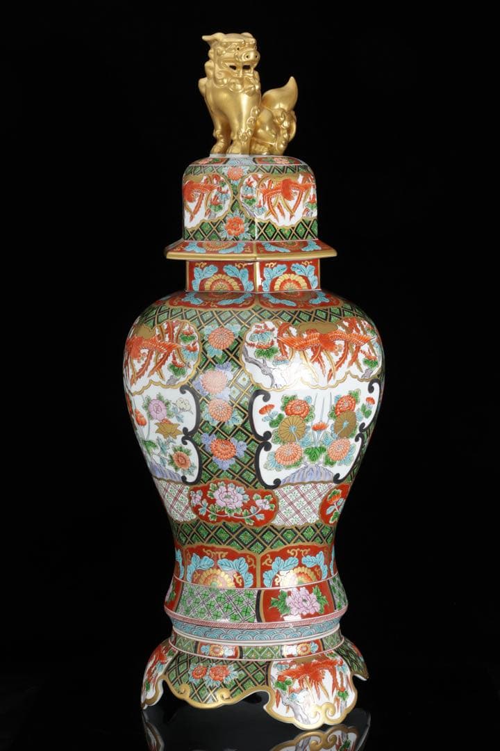 有田焼 耕右衛門 染錦窓絵鳳凰花尽之図 獅子摘蓋特大三段壺 沈香壺 飾壷 86㎝