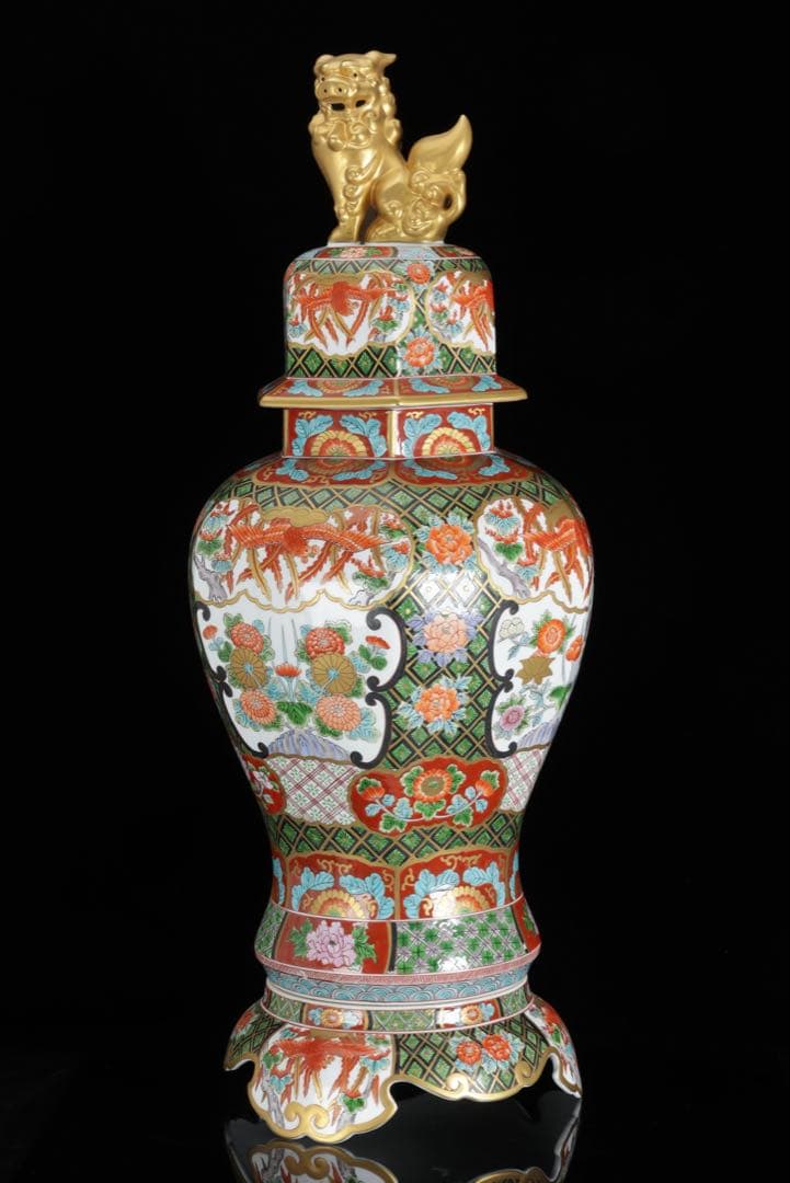 有田焼 耕右衛門 染錦窓絵鳳凰花尽之図 獅子摘蓋特大三段壺 沈香壺 飾壷 86㎝