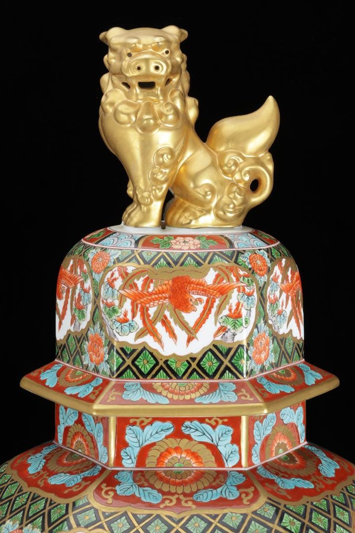 有田焼 耕右衛門 染錦窓絵鳳凰花尽之図 獅子摘蓋特大三段壺 沈香壺 飾壷 86㎝