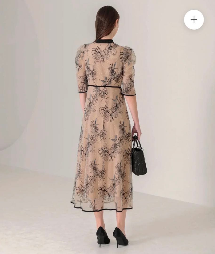 （R）Leja パイピングハイネック花柄ラメレースワンピースドレス S