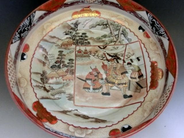 鉢■古九谷製赤絵窓武者図三つ鉢(江戸後期～明治期)大鉢 武士 三鉢 時代物骨董■