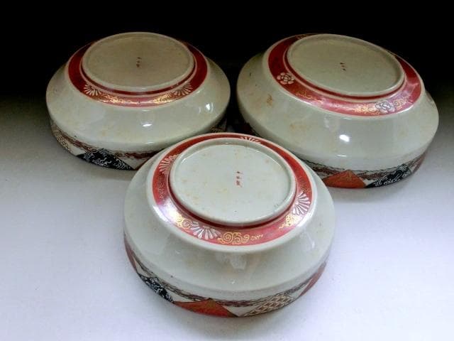 鉢■古九谷製赤絵窓武者図三つ鉢(江戸後期～明治期)大鉢 武士 三鉢 時代物骨董■