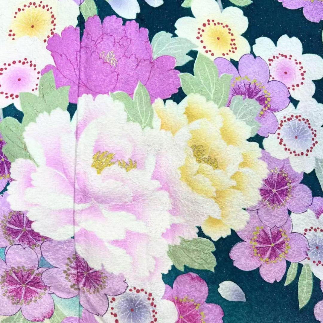 【美品】 振袖 正絹 古典柄 ラメ 桜 単品 成人式 緑 *160 ●