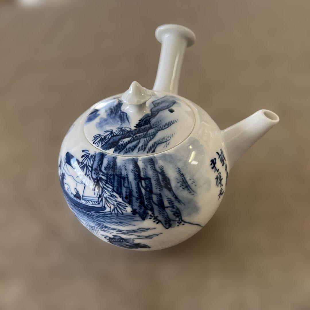 煎茶器　京焼　平安春峰　染付漢詩山水図急須