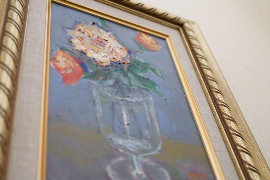 【肉筆油彩】大幅値下げ！　薔薇（バラ）静物画　豪華装飾額付き サムホール相当